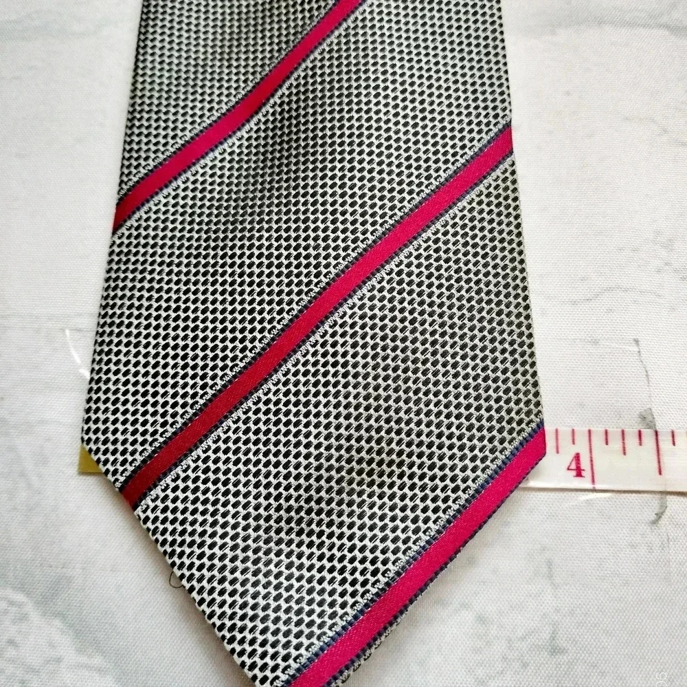 Lands' End Silk Hand Sewn Tie Necktie Red Blue Striped BLack Dots  57 x 3.75